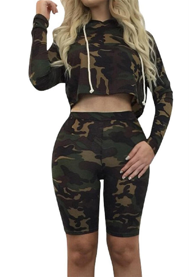 Women Sexy 2 Piece Jumpsuit Sportswear Camo Hoody Pants Set Tracksuit